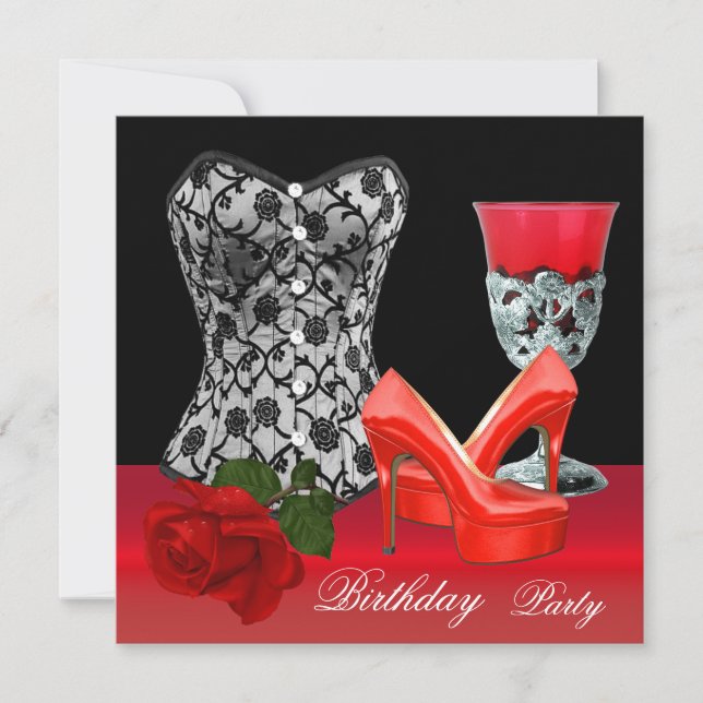 Birthday Party Red Black Shoes Corset Rose Invitation (Front)