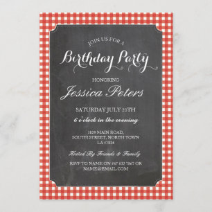 Birthday Party Red Check Rustic Chalk Invitation