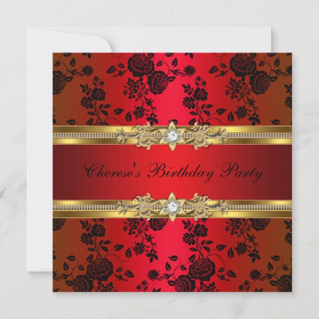 Birthday Party Red Damask Gold Black Invitation (Front)