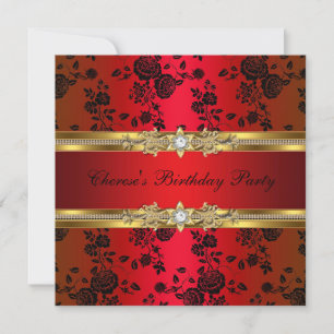 Birthday Party Red Damask Gold Black Invitation
