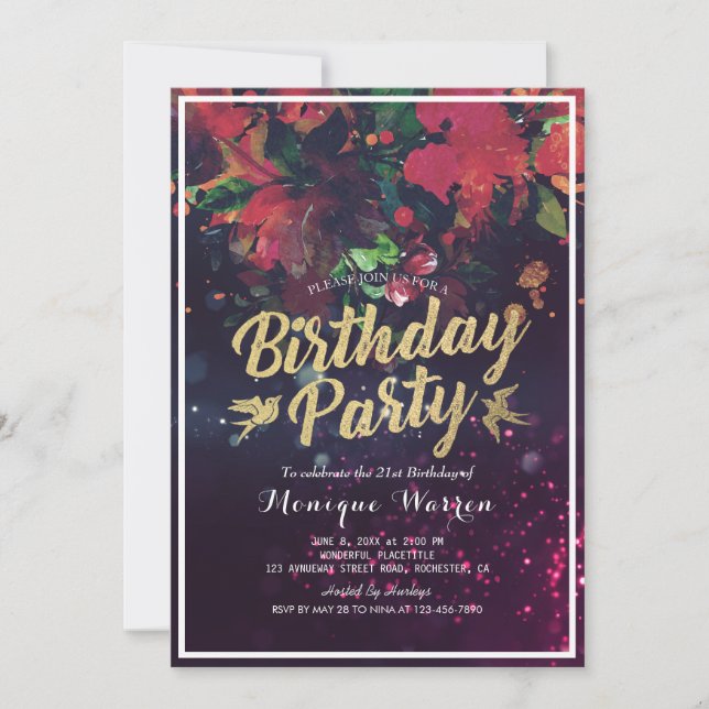 Birthday Party Red Floral Gold Script Purple Light Invitation (Front)