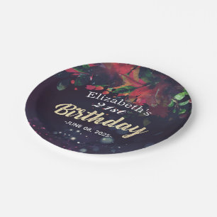 Birthday Party Red Floral Gold Script Purple Light Paper Plate
