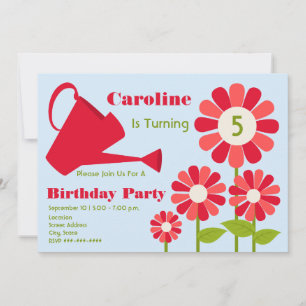 Birthday Party - Red Flower Garden & Watering Can Invitation