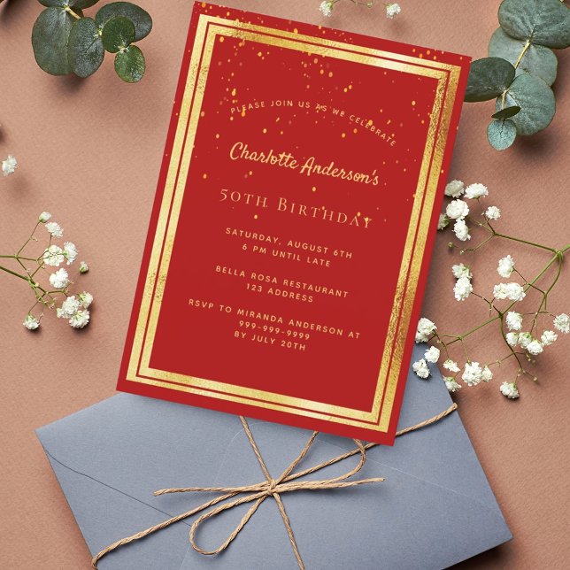 Birthday party red gold confetti sprinkle invitation (Creator Uploaded)