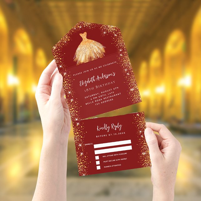 Birthday party red gold dress glitter RSVP All In One Invitation (Creator Uploaded)