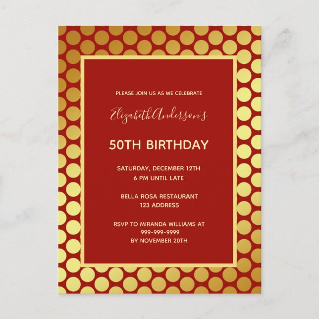 Birthday party red gold invitation postcard (Front)