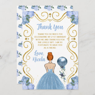 Birthday Party Red Hair Princess Blue  Thank You Card