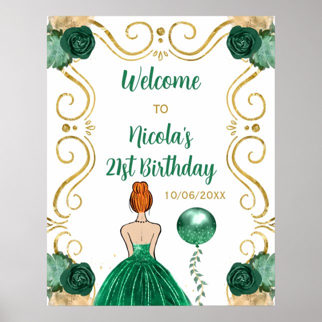 Birthday Party Red Hair Princess Green Welcome Poster (Front)