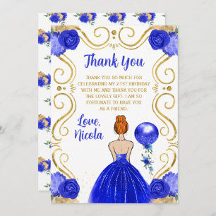 Birthday Party Red Hair Princess in Blue Thank You Card