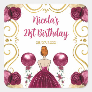 Birthday Party Red Hair Princess in Burgundy Red Square Sticker