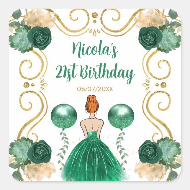 Birthday Party Red Hair Princess in Green Square Sticker (Front)