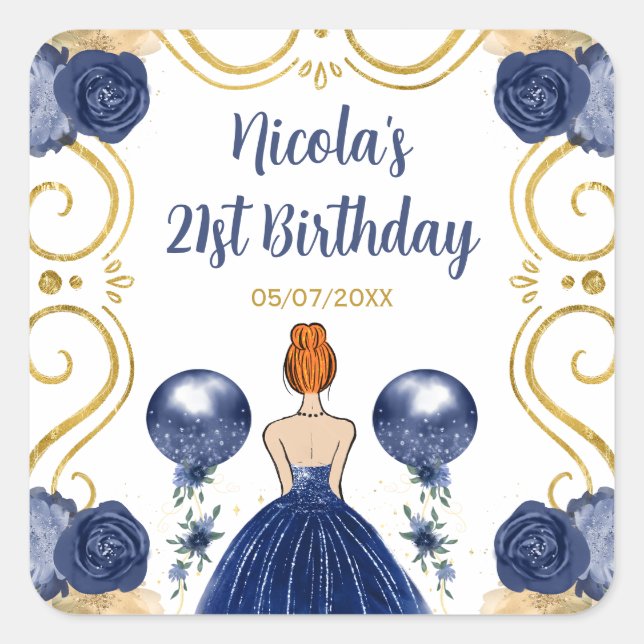 Birthday Party Red Hair Princess in Navy Blue Square Sticker (Front)