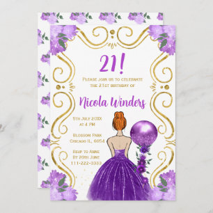 Birthday Party Red Hair Princess in Purple Invitation
