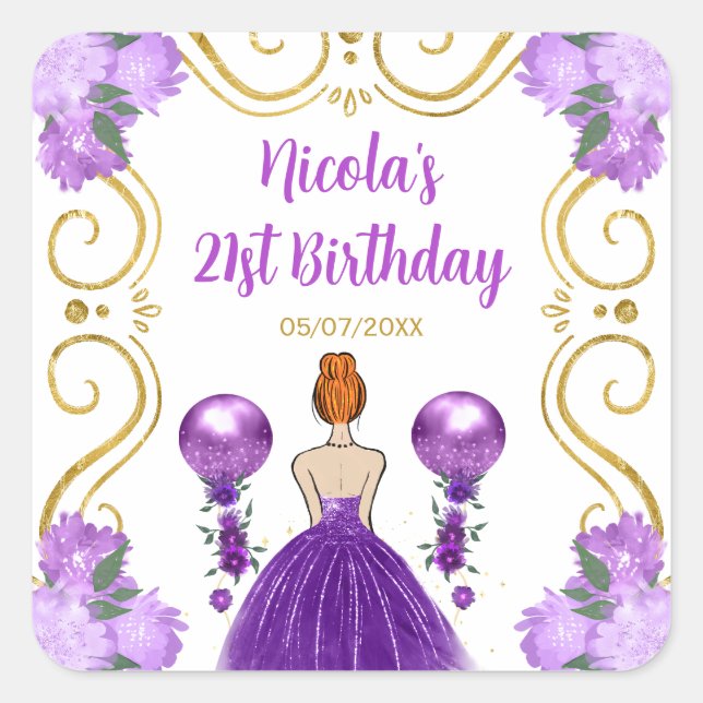 Birthday Party Red Hair Princess in Purple Square Sticker (Front)