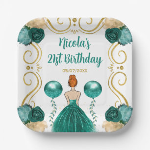 Birthday Party Red Hair Princess in Teal Paper Plate