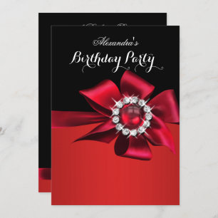 Birthday Party Red Pearl Diamond Bow Invitation