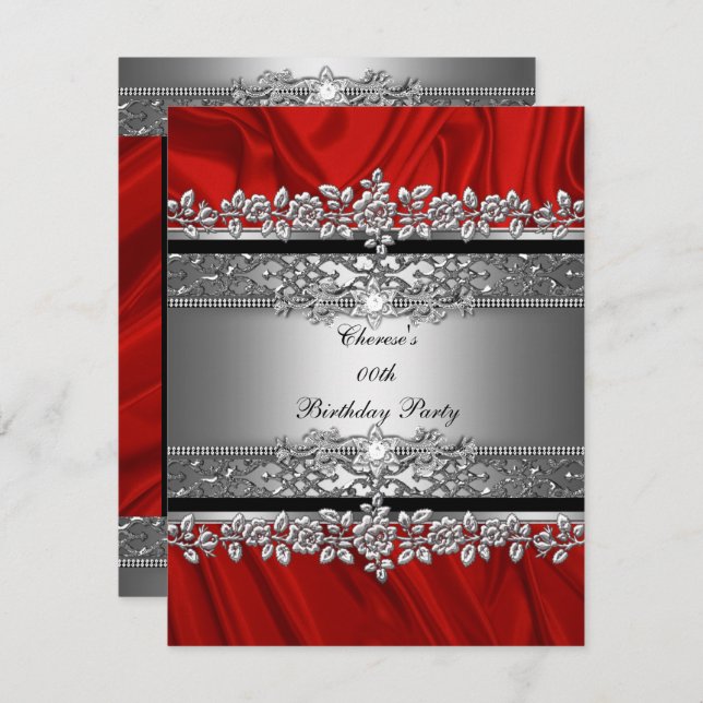 Birthday Party Red Silk Silver Black Diamond Invitation (Front/Back)