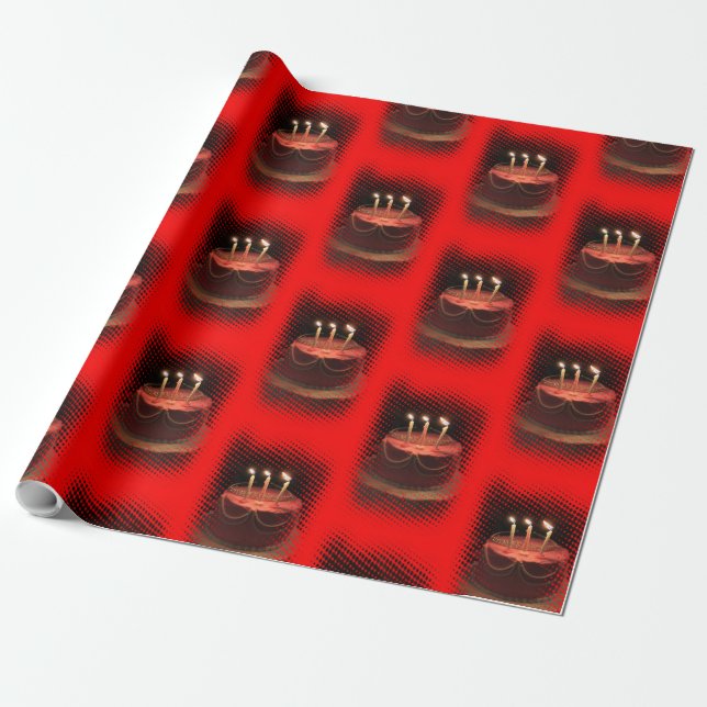 Birthday Party Red with Cake Wrapping Paper (Unrolled)