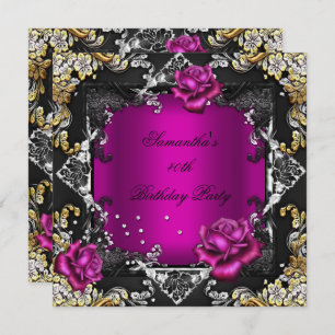 Birthday Party Rich Pink Rose Gold Silver Black Invitation