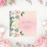 Birthday party rise gold florals white Guest Book<br><div class="desc">A guest book or party planner for a 50th (or any age) birthday party. Decorated with large, lush watercolored summer flowers, florals roses and peonies in white, coral and rose gold. Girly romantic blush pink, rose gold gradient background. The title: Guest Book is written with a modern hand lettered style...</div>