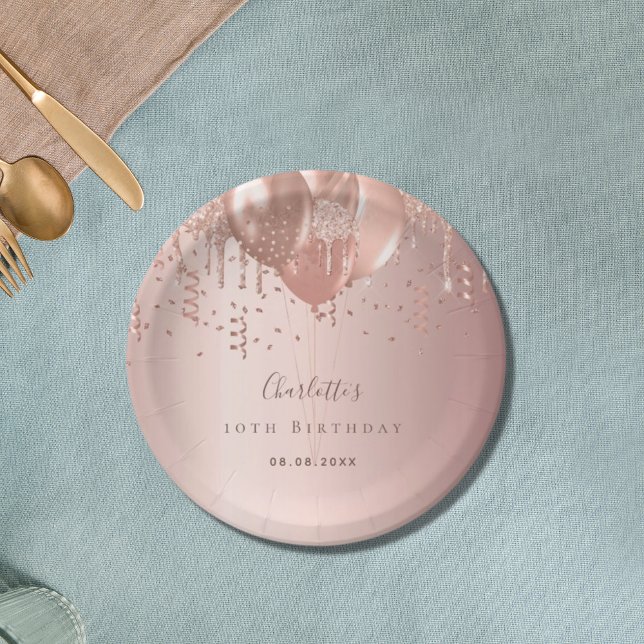Birthday party rose gold balloons name paper plate (Creator Uploaded)