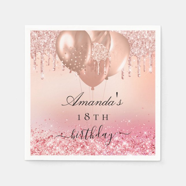 Birthday party rose gold blush balloons name napkin (Front)