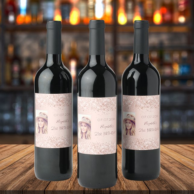 Birthday party rose gold blush glitter dust photo wine label (Creator Uploaded)