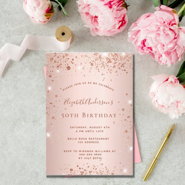Birthday party rose gold blush glitter sparkle invitation (Creator Uploaded)