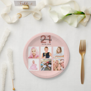 Birthday party rose gold blush photo paper plate