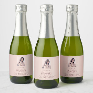 Birthday party rose gold blush photo sparkling wine label