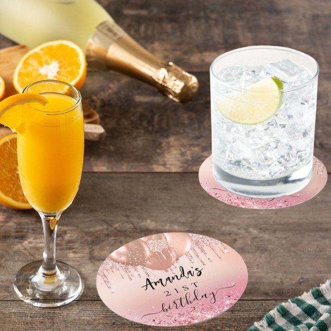 Birthday party rose gold blush pink balloons round paper coaster (Creator Uploaded)