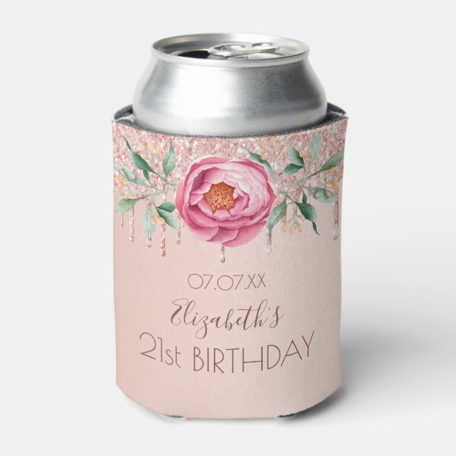 Birthday Party rose gold blush pink floral Can Cooler (Can Front)