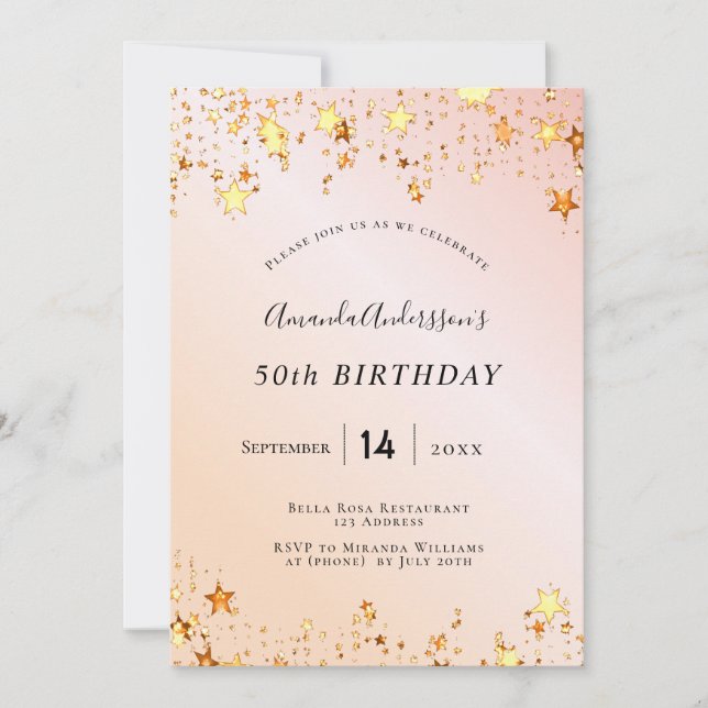 Birthday party rose gold blush pink stars elegant invitation (Front)