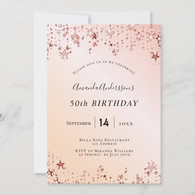 Birthday party rose gold blush pink stars modern invitation (Front)