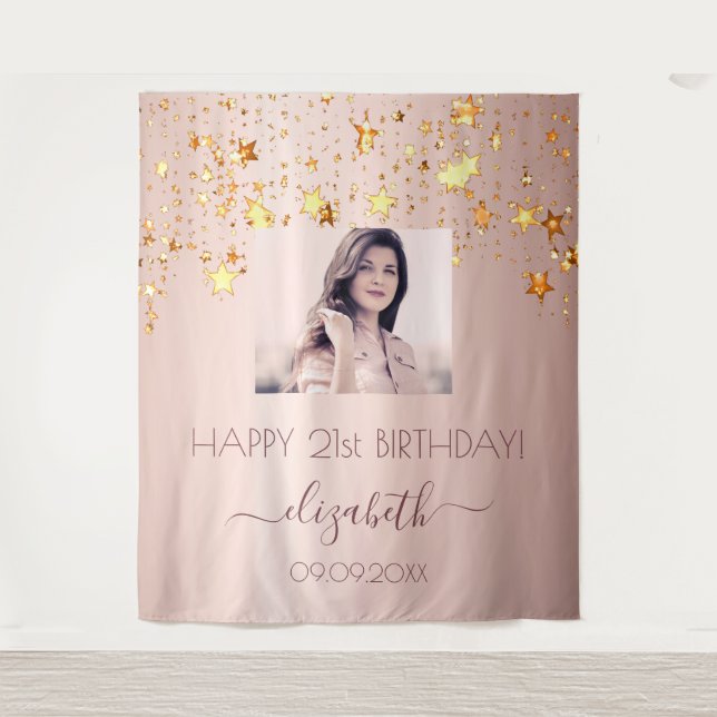 Birthday party rose gold blush stars photo name tapestry (Front)
