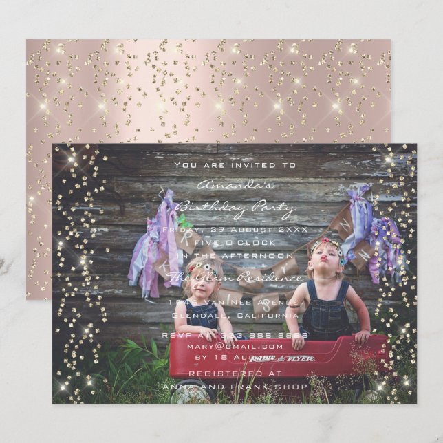 Birthday Party Rose Gold Confetti Glitter Photo Invitation (Front/Back)