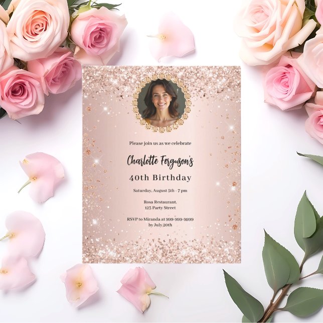 Birthday party rose gold diamond photo invitation (Creator Uploaded)