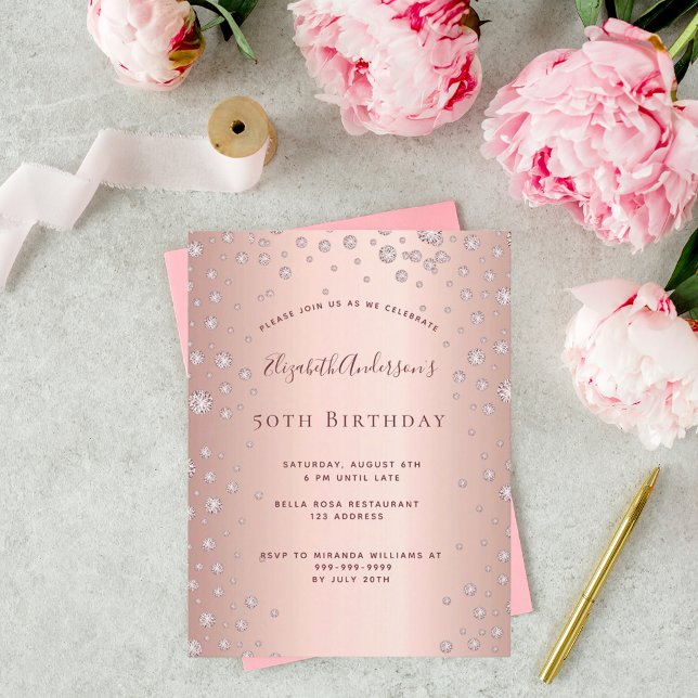 Birthday party rose gold diamonds invitation postcard (Creator Uploaded)