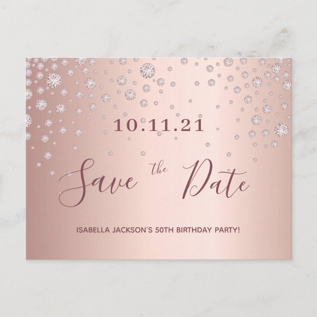 Birthday party rose gold diamonds save the date postcard (Front)
