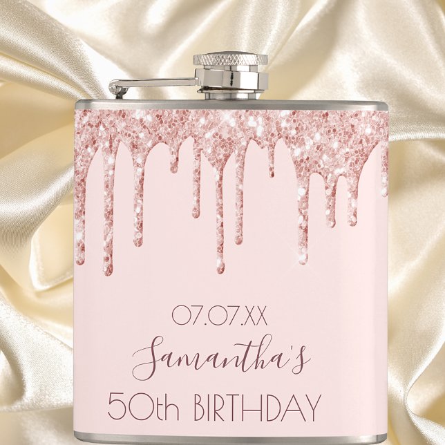 Birthday party rose gold drips pink friends hip flask (Creator Uploaded)