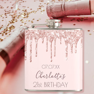 Birthday party rose gold drips pink hip flask