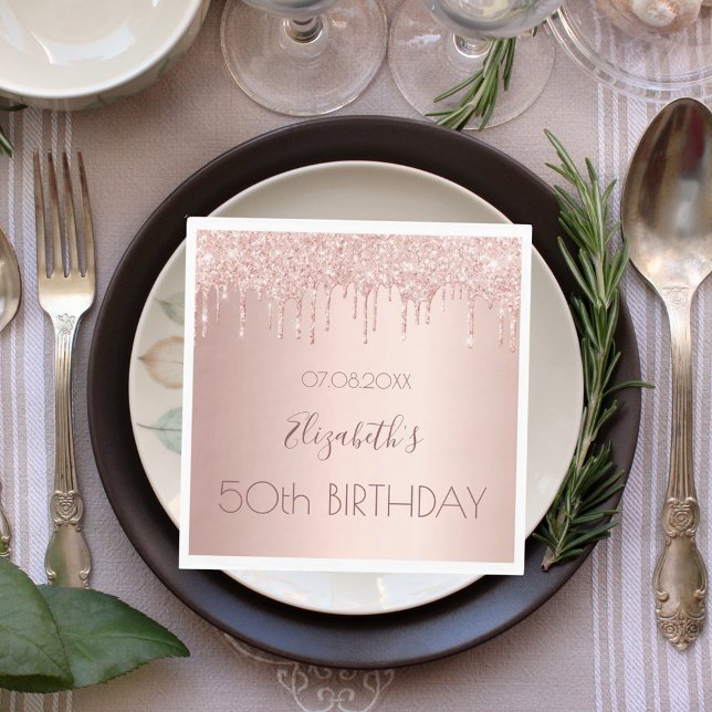 Birthday party rose gold drips pink luncheon napkin (Creator Uploaded)