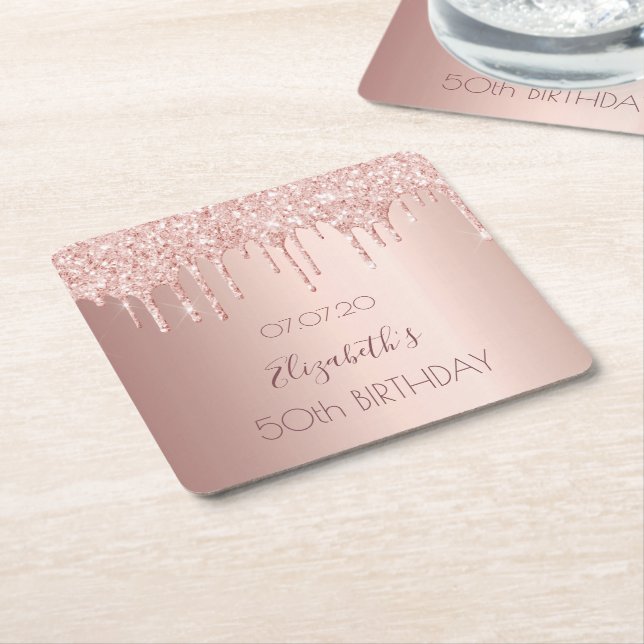 Birthday party rose gold drips square paper coaster (Angled)