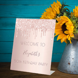 Birthday party rose gold drips welcome pedestal sign