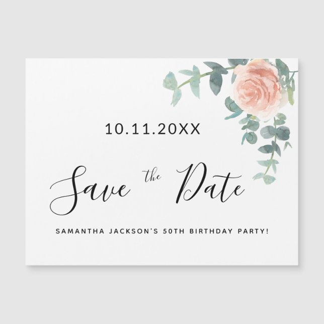 Birthday party rose gold floral save the date (Front)