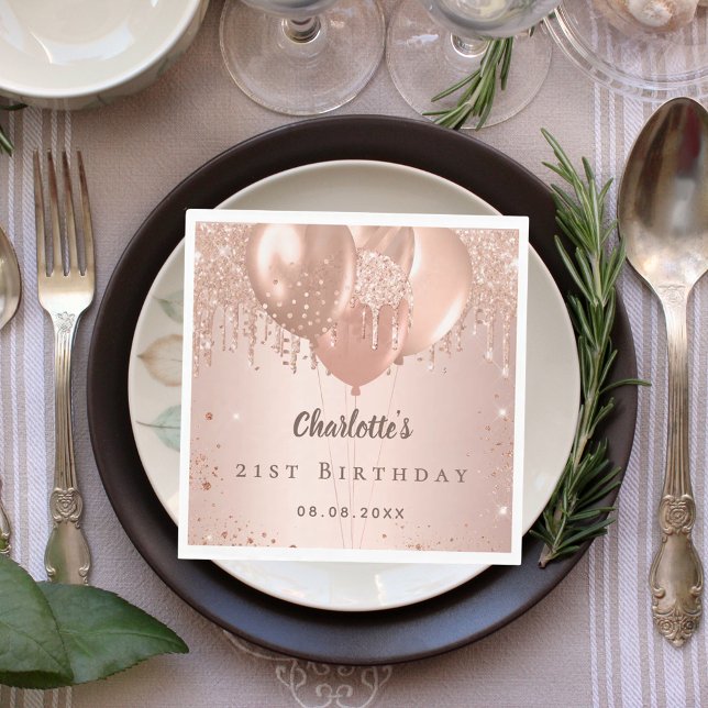 Birthday party rose gold glitter balloons luncheon napkin (Creator Uploaded)