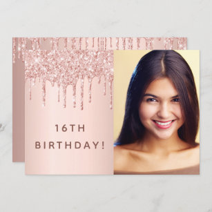 Birthday party rose gold glitter custom photo glam invitation