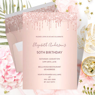 Birthday party rose gold glitter drips glam pink invitation