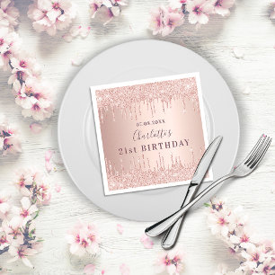 Birthday party rose gold glitter drips monogram napkin