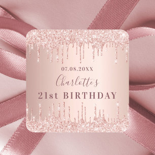 Birthday party rose gold glitter drips monogram square sticker